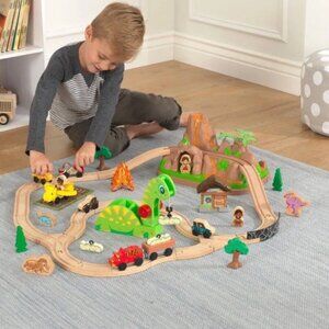 KidKraft Dinosaur Bucket Top Wooden Train Set + Plus 50 Piece Expansion Track